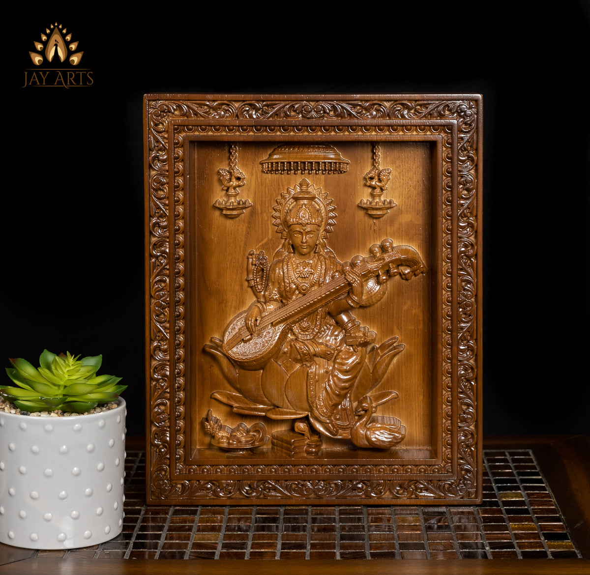 Goddess Saraswathi wood carving - Oak wood panel 13" x 11" - JayArts.com