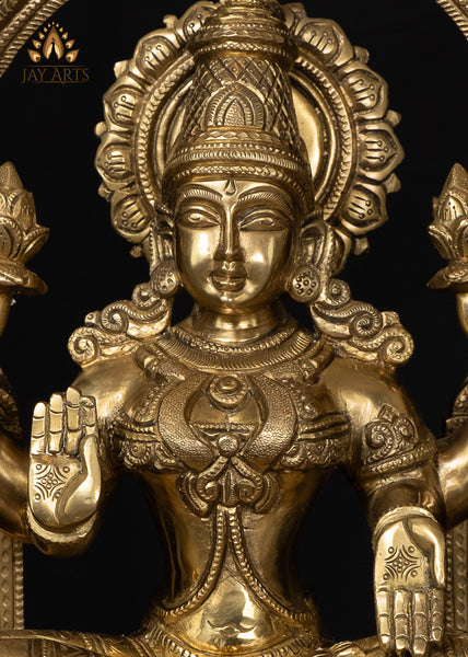 17” Goddess Mahalakshmi seated on a Kirtimukha Throne - Brass Lakshmi Statue