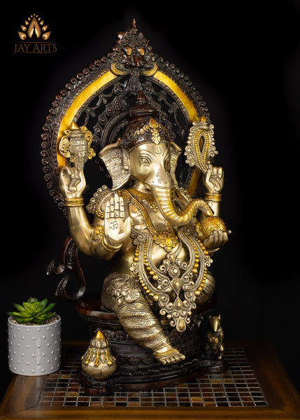 26” Shri Ananda Vinayagar - Brass Ganesha seated on a Kirtimukha Throne