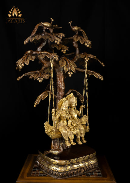 35” Radha Krishna Swinging in a Kadamba Tree - An Exuberant Statue of the Soulful Couple