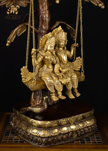 35” Radha Krishna Swinging in a Kadamba Tree - An Exuberant Statue of the Soulful Couple