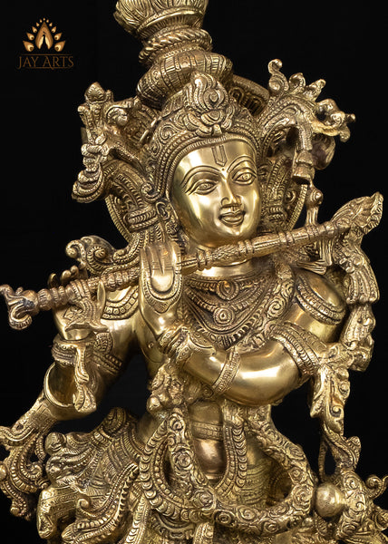 27” Kanha Playing Flute on a Lotus Pedestal - Brass Krishna Statue