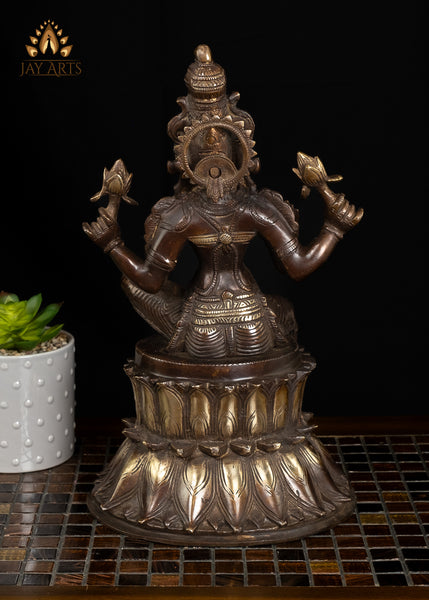 14" Goddess Lakshmi seated on a Double Lotus Pedestal Brass Statue