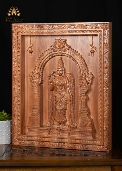 20" Goddess Meenakshi Wood Carving - Tadatagai (Fish-eyed) Madurai Meenakshi Amman Wood Panel