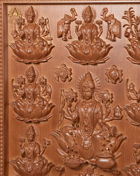 Ashta Lakshmi Wood Carving 20"H x 19.5"W - The eight manifestations of Goddess Lakshmi Devi