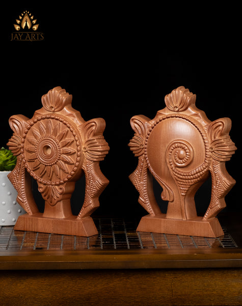 10" Vaishnava Symbols Chakra and Conch Wood Carving Set