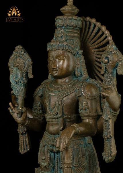 27” Bronze Standing Vishnu with Gada - Lost-Wax Method Sculpture