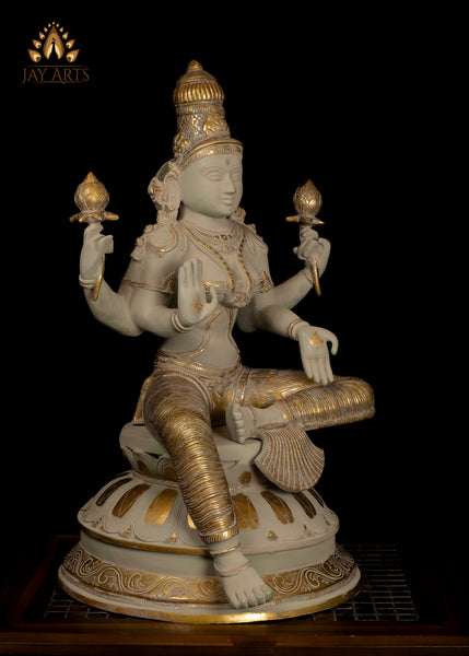 23" Brass Goddess Lakshmi Devi Statue with Exquisite Details seated on a Lotus