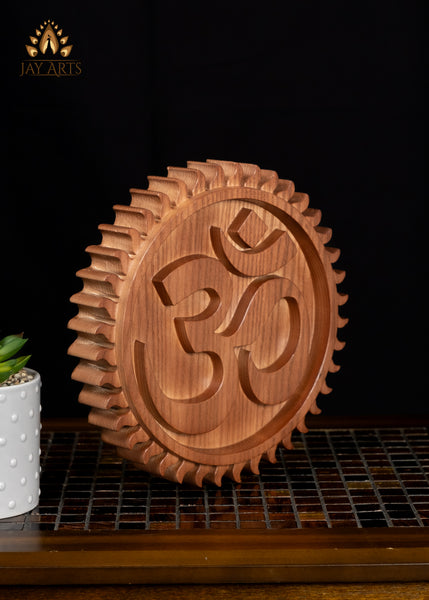 10" OM Wood Carving in a Sun Frame - AUM Spiritual Icon, Primordial Sound of Creation