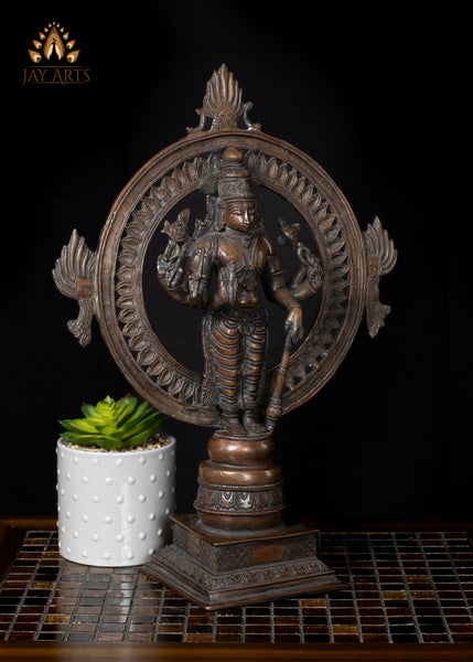 16" Brass Sudarshana Chakra Vishnu Statue with Six Arms