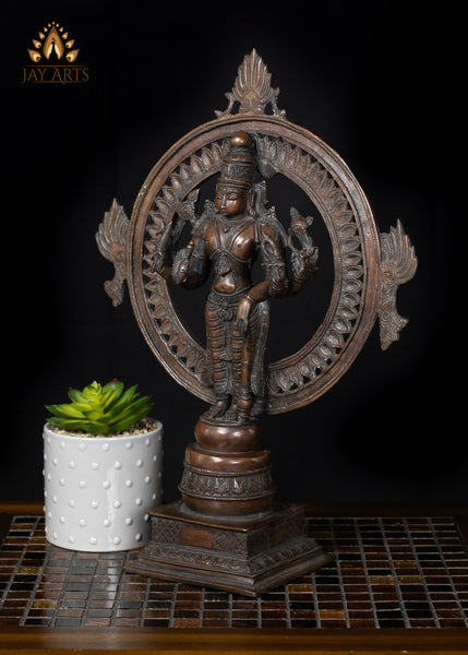 16" Brass Sudarshana Chakra Vishnu Statue with Six Arms