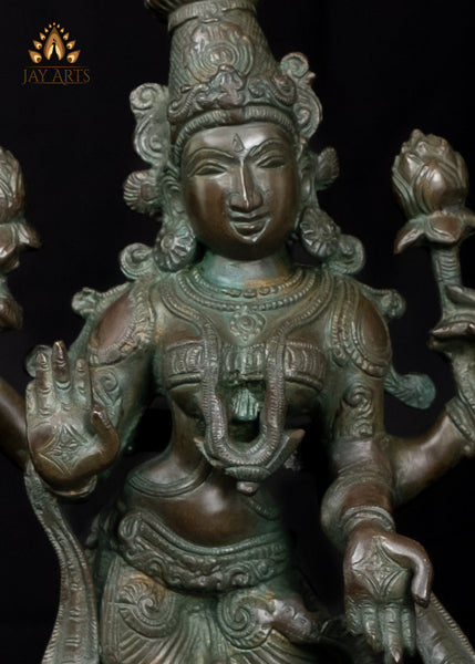 17" Brass Standing Goddess Lakshmi in a Graceful Posture - Hindu Goddess of Wealth