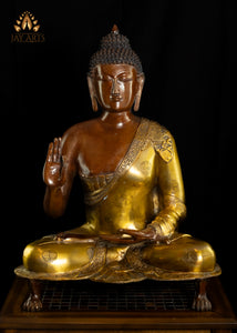 25" Brass Buddha Statue in Gyan Mudra with Base Supported by Three Lion Paws