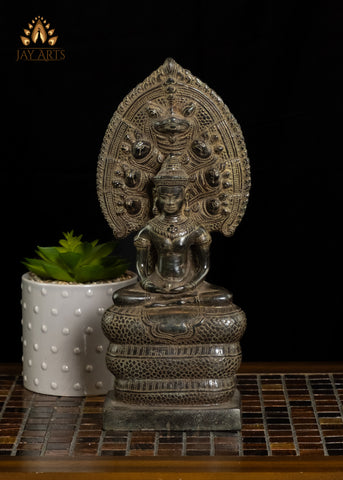 12" Cambodian Bronze Naga Buddha in Meditation protected by Muchalinda