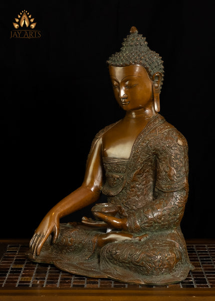 16" Brass Buddha in Earth Witness Mudra adorned with intricately designed Robe