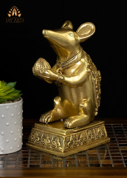 9" Brass Mouse (Mooshika) Statue with Lord Ganesh Engraving on his Back