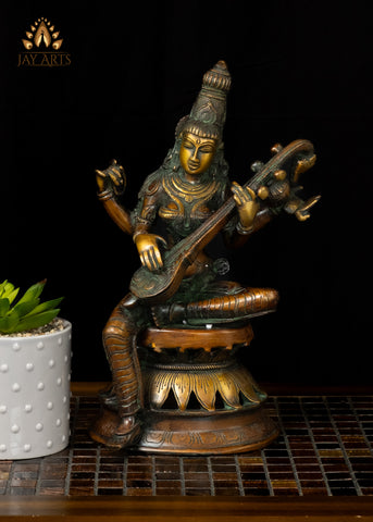 12" Brass Goddess Saraswati Statue - A Beautiful Representation of Beauty, Grace and Wisdom