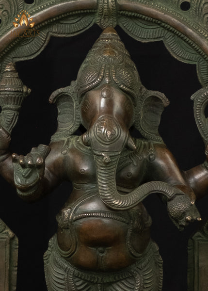 14" Standing Ganesh With A Mouse And Meticulously Detailed Arch Brass Statue