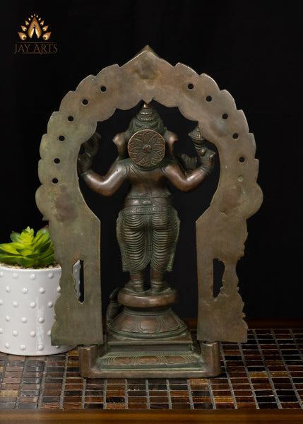 14" Standing Ganesh With A Mouse And Meticulously Detailed Arch Brass Statue