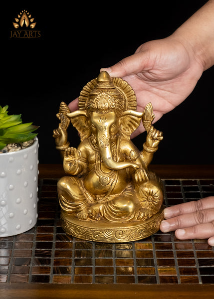 6" Brass Ganesha Statue Small Altar Piece with Fine Details