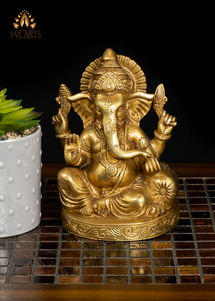 6" Brass Ganesha Statue Small Altar Piece with Fine Details