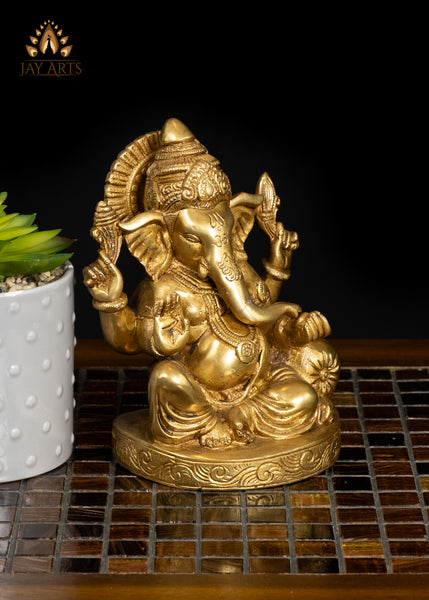 6" Brass Ganesha Statue Small Altar Piece with Fine Details