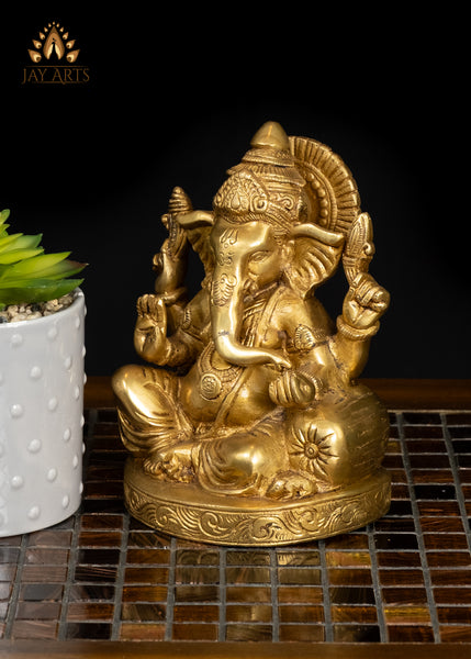 6" Brass Ganesha Statue Small Altar Piece with Fine Details
