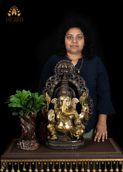 23" Brass Ganesh Statue The Auspicious Vighneshwara in Abhaya Mudra and Sun Halo