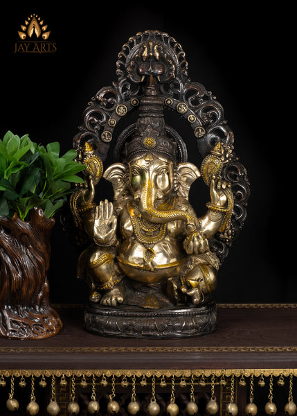 23" Brass Ganesh Statue The Auspicious Vighneshwara in Abhaya Mudra and Sun Halo