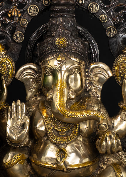 23" Brass Ganesh Statue The Auspicious Vighneshwara in Abhaya Mudra and Sun Halo