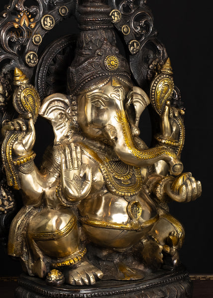 23" Brass Ganesh Statue The Auspicious Vighneshwara in Abhaya Mudra and Sun Halo