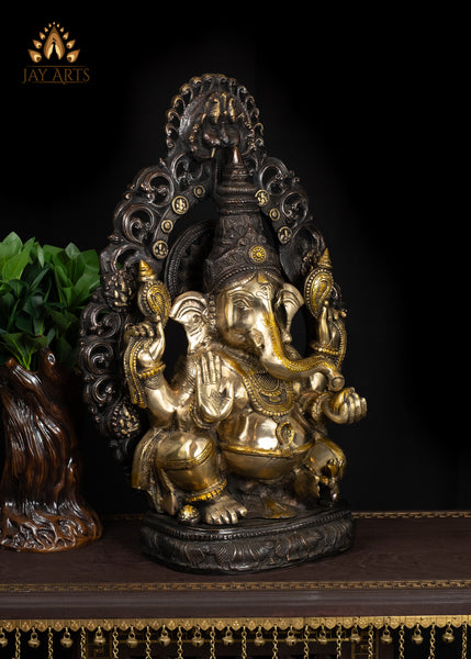 23" Brass Ganesh Statue The Auspicious Vighneshwara in Abhaya Mudra and Sun Halo