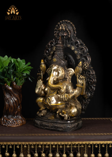 23" Brass Ganesh Statue The Auspicious Vighneshwara in Abhaya Mudra and Sun Halo