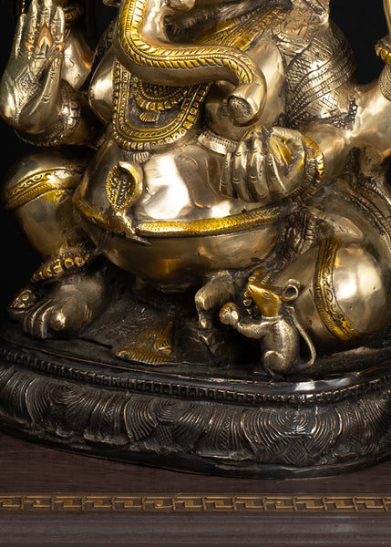 23" Brass Ganesh Statue The Auspicious Vighneshwara in Abhaya Mudra and Sun Halo