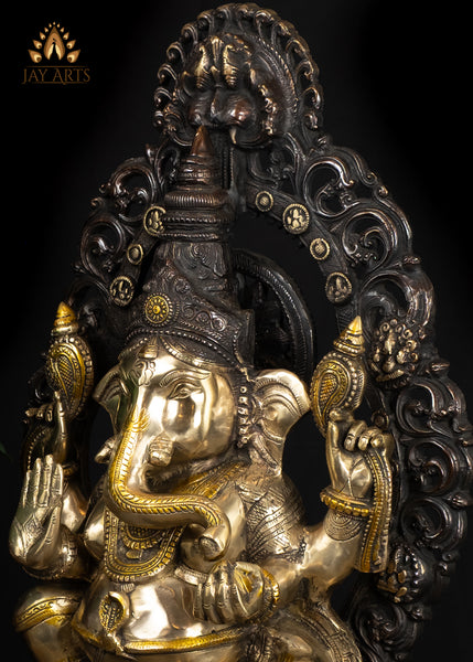 23" Brass Ganesh Statue The Auspicious Vighneshwara in Abhaya Mudra and Sun Halo