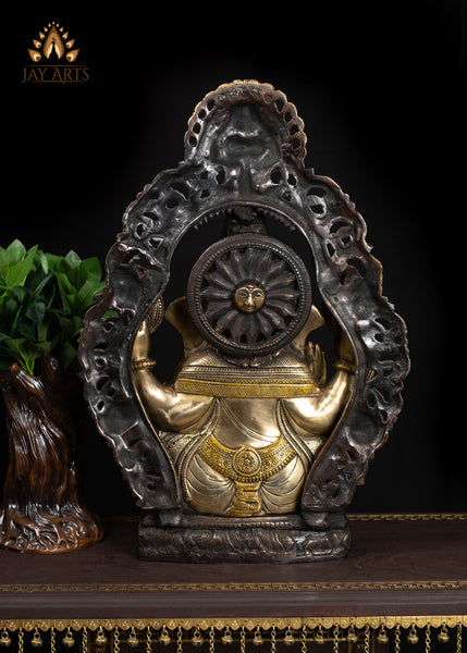 23" Brass Ganesh Statue The Auspicious Vighneshwara in Abhaya Mudra and Sun Halo