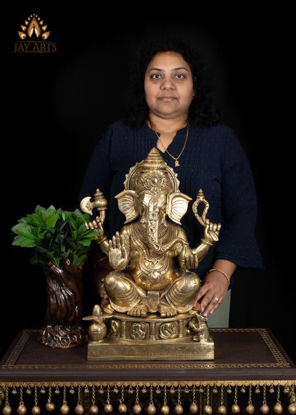 22" Brass Lord Ganesh Statue with Mini Ganeshas on Ornate Pedestal Symbol of Abundance And Blessings