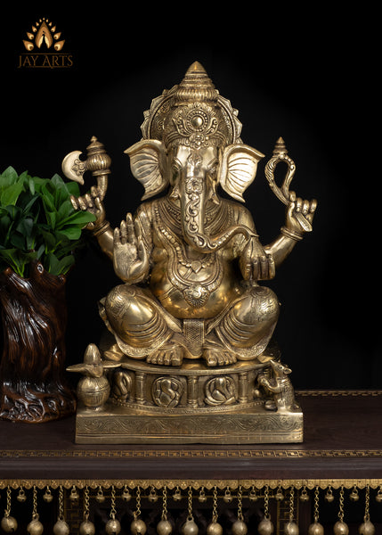 22" Brass Lord Ganesh Statue with Mini Ganeshas on Ornate Pedestal Symbol of Abundance And Blessings