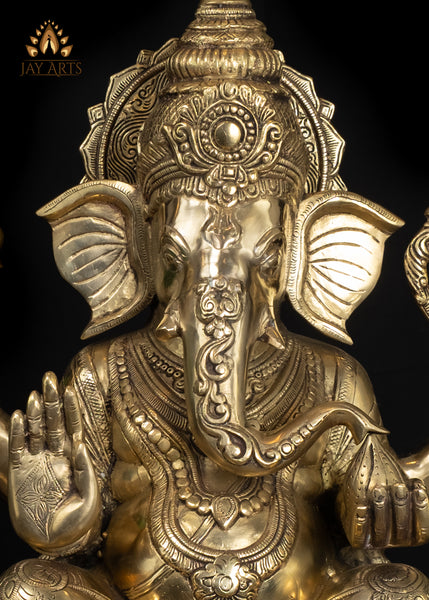 22" Brass Lord Ganesh Statue with Mini Ganeshas on Ornate Pedestal Symbol of Abundance And Blessings