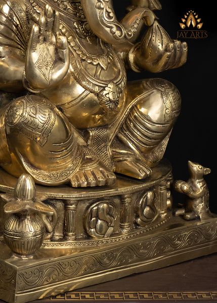 22" Brass Lord Ganesh Statue with Mini Ganeshas on Ornate Pedestal Symbol of Abundance And Blessings