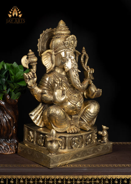 22" Brass Lord Ganesh Statue with Mini Ganeshas on Ornate Pedestal Symbol of Abundance And Blessings