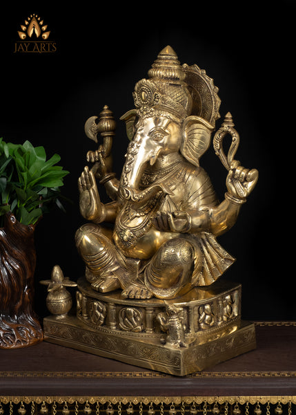22" Brass Lord Ganesh Statue with Mini Ganeshas on Ornate Pedestal Symbol of Abundance And Blessings