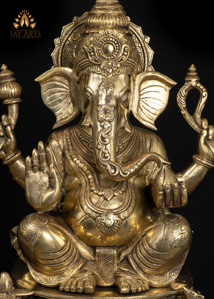 22" Brass Lord Ganesh Statue with Mini Ganeshas on Ornate Pedestal Symbol of Abundance And Blessings