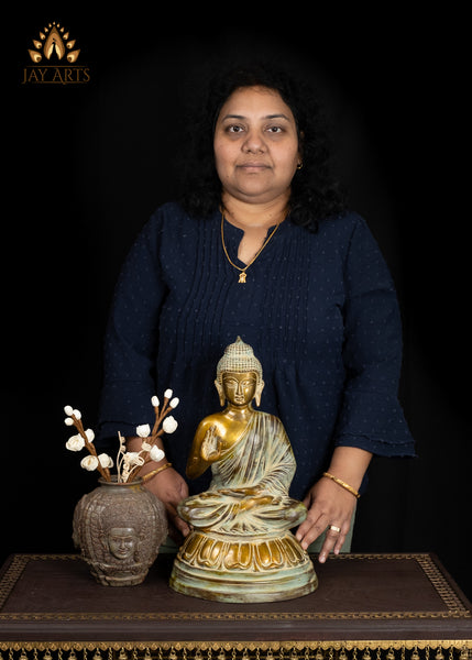 15" Elegant Brass Buddha Statue in Vitarka Mudra Vintage Style Finish
