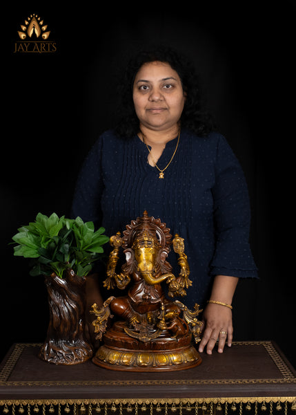 15" Brass Ganesh Statue Intricately Detailed With Sacred Attributes