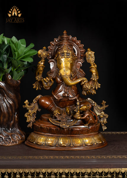 15" Brass Ganesh Statue Intricately Detailed With Sacred Attributes