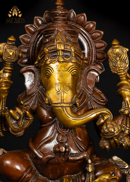 15" Brass Ganesh Statue Intricately Detailed With Sacred Attributes