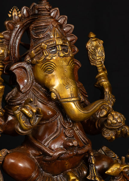 15" Brass Ganesh Statue Intricately Detailed With Sacred Attributes
