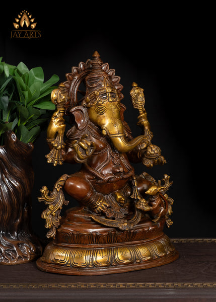 15" Brass Ganesh Statue Intricately Detailed With Sacred Attributes