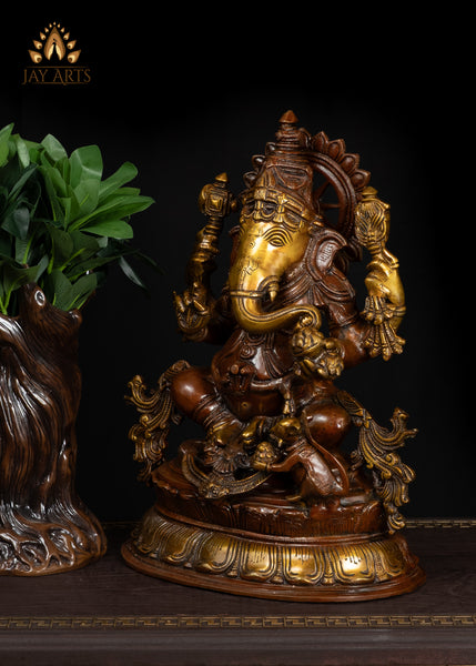 15" Brass Ganesh Statue Intricately Detailed With Sacred Attributes